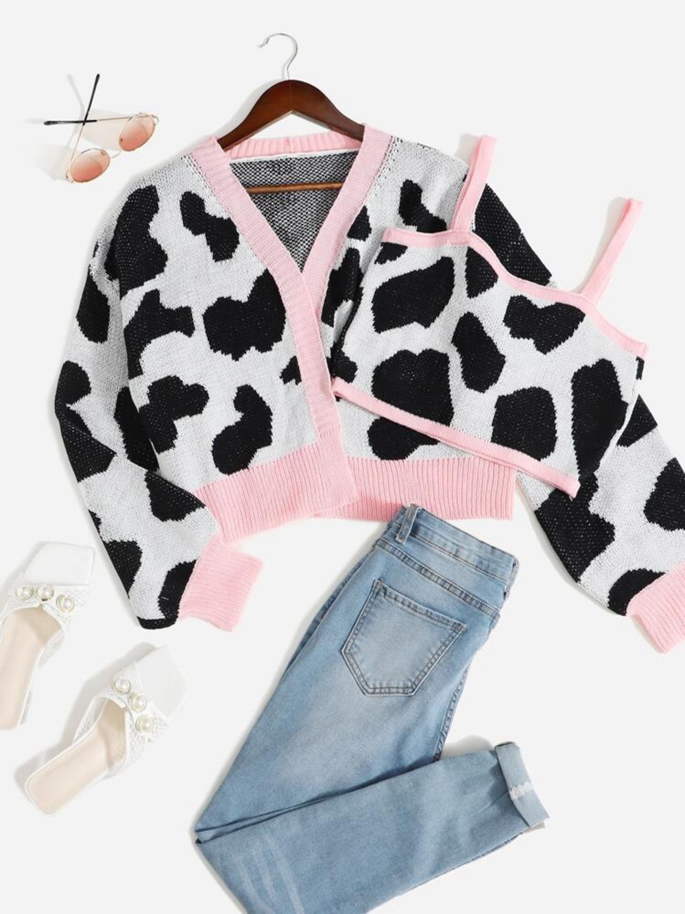 🔥5 for $25🔥 SHEIN Curve Plus Size Cow Print Cropped Cardigan Sweater